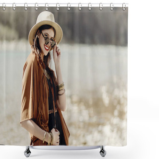 Personality  Woman In Sunglasses With Hat Shower Curtains