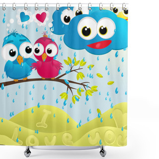 Personality  Birds Couple Under The Rain.Vector Illustration Shower Curtains
