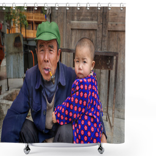 Personality  Little Boy Hugging His Grandfather On Rural Street, Guizhou, Southwest China. Shower Curtains