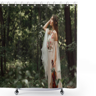 Personality  Mystic Elf Character In Flower Dress Holding Violin In Green Forest Shower Curtains