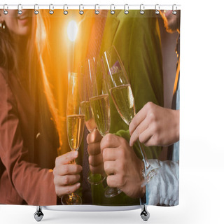 Personality  Cropped View Of Happy Friends Toasting Glasses Of Champagne On Black  Shower Curtains