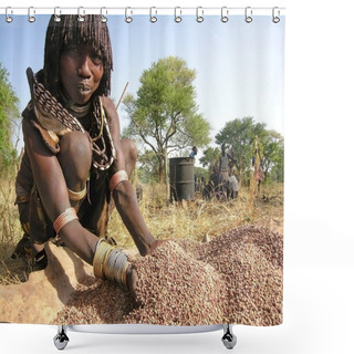 Personality  Hamer Woman Prepares Sorghum For Making Beer. Shower Curtains
