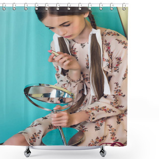 Personality  Beautiful Teen Girl Applying Lipstick With Mirror  Shower Curtains
