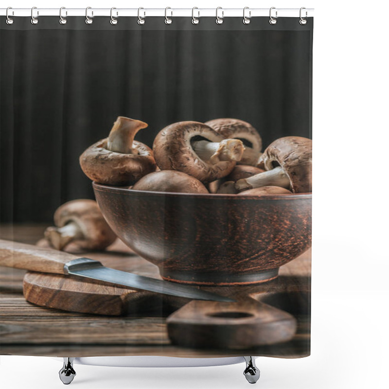 Personality  Ripe Cremini Mushrooms In Bowl On Wooden Table Isolated On Black  Shower Curtains