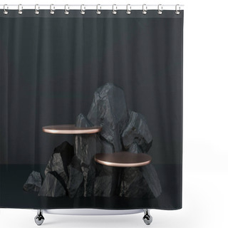 Personality  Stones Shape 3d Render Illustration. Round Podium, Pedestal For Brand Product Exhibition. Solid Dark Black Color. Mockup Template For Ads Design. Shower Curtains