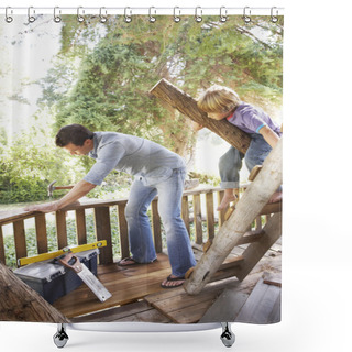 Personality  Father And Son Building Tree House Shower Curtains