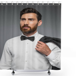 Personality  Portrait Of Bearded Man In Suit With Bow Tie Holding Blazer Isolated On Grey  Shower Curtains