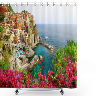 Personality  Manarola- Beautiful Village In Cinque Terre, Liguria, Italy Shower Curtains