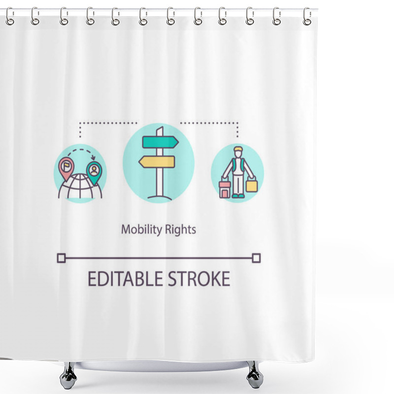 Personality  Mobility rights concept icon. Freedom of movement idea thin line illustration. Traveling the country. Human rights. Migration. Vector isolated outline RGB color drawing. Editable stroke shower curtains