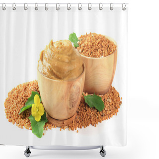 Personality  Mustard With Seeds And Mustard Flower Isolated On White Shower Curtains