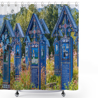Personality  SAPANTA, MARAMURES, ROMANIA - SEPTEMBER 18, 2020: The Merry Cemetery, Famous In The World For Its Colourful Wood Tombstones, With Naive Paintings Describing The People Who Are Buried There. Shower Curtains