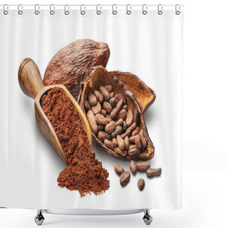 Personality  Cacao Beans Fruit And Powder Isolated On White Background Deep Focus Shower Curtains