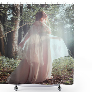 Personality  Attractive Mystic Girl In Elegant Dress Posing In Forest With Sun Flare Shower Curtains