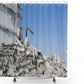 Personality  The Remains Of The Destroyed Building Of A Large Industrial Facility On The Background Of Blue Sky. Background Shower Curtains