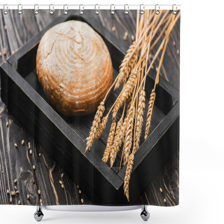 Personality  Fresh Baked White Bread Loaf With Spikelets On Wooden Black Board Shower Curtains