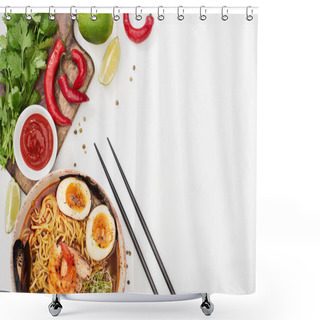 Personality  Top View Of Spicy Seafood Ramen Near Fresh Ingredients And Chopsticks On White Surface Shower Curtains
