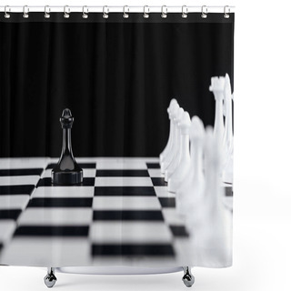 Personality  Selective Focus Of Chessboard With White Chess Figures And Black Pawn In Front Isolated On Black Shower Curtains