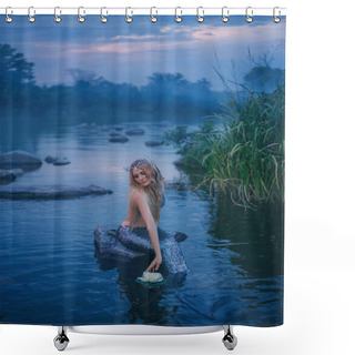 Personality  Sea Mistress And Queen By The Ocean Playing With A White Lotus Flower In A Small Clear Lake By The Forest, A Beautiful Fairy Creature Sitting On A Stone In A River In A Light Mist, Enjoying The Rest Shower Curtains