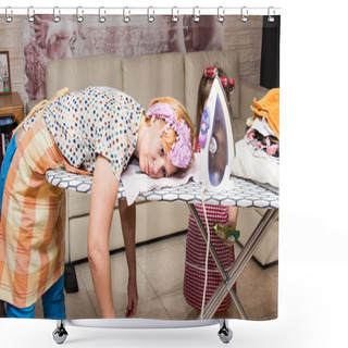 Personality  Woman Tired Ironed Clothes  Shower Curtains