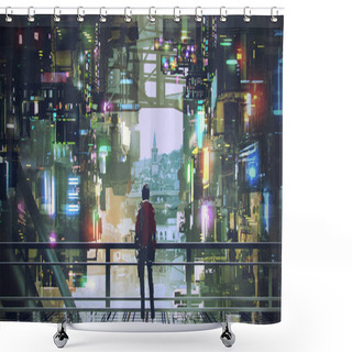 Personality  Man Standing On Balcony Looking At Futuristic City With Colorful Light, Digital Art Style, Illustration Painting Shower Curtains
