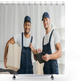 Personality  Cheerful Multicultural Movers Smiling While Looking At Camera In Apartment  Shower Curtains