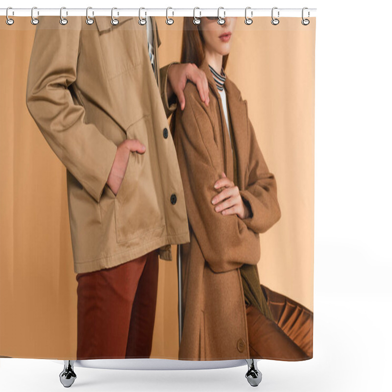 Personality  Cropped View Of Man Touching Shoulder Of Stylish Woman While Standing With Hand In Pocket Isolated On Beige Shower Curtains