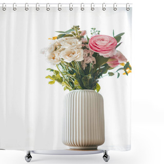 Personality  A Colorful Bouquet Of Flowers In Various Shapes And Sizes Graces A Ribbed White Vase Shower Curtains