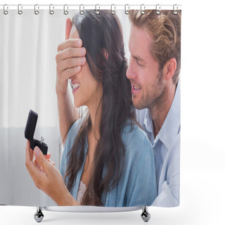 Personality  Man Hiding His Wifes Eyes To Offer Her An Engagement Ring Shower Curtains