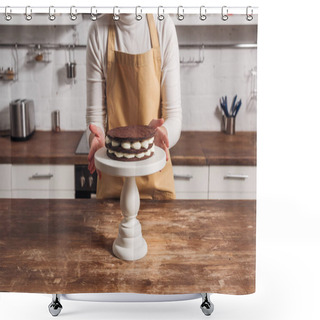 Personality  Cropped Shot Of Woman In Apron Preparing Delicious Whoopie Pie Cake  Shower Curtains