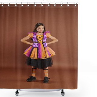 Personality  Displeased Girl In Halloween Dress Costume Standing With Hands On Hips On Brown Backdrop, October 31 Shower Curtains