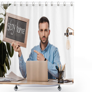 Personality  Bearded Freelancer Pointing With Finger At Chalk Board With Stay Home Lettering Isolated On White  Shower Curtains