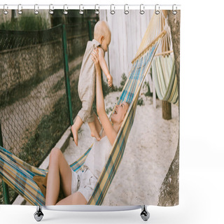 Personality  Happy Mother Holding Baby While Resting On Hammock At Countryside Shower Curtains