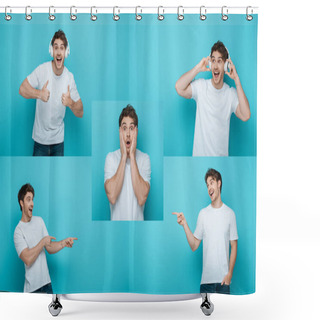 Personality  Collage Of Man In Wireless Headphones Showing Thumbs Up, Shocked Man Touching Face, And Cheerful Man Pointing With Fingers On Blue Background Shower Curtains