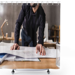 Personality  Cropped Image Of Architect Looking At Blueprints On Table Shower Curtains