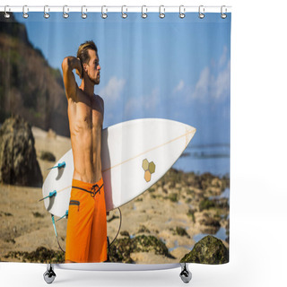 Personality  Young Surfer With Surfing Board Standing On Sandy Beach Near Ocean Shower Curtains