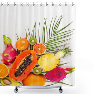 Personality  Still Life With Fresh Assorted Exotic Fruits On A Palm Leaf. Concept Of Healthy Eating With Fruits. Top View. Shower Curtains