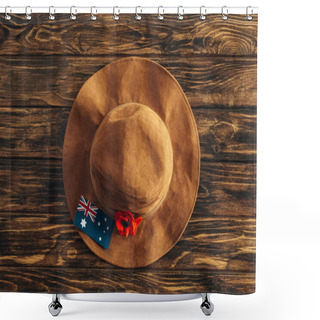 Personality  Top View Of Artificial Flower, Felt Hat And Australian Flag On Wooden Surface, Anzac Day Concept  Shower Curtains