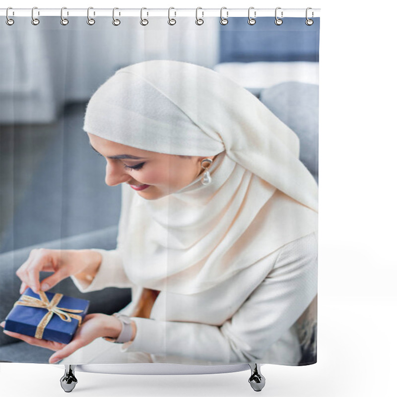 Personality  Smiling Young Muslim Woman Opening Gift Box At Home  Shower Curtains