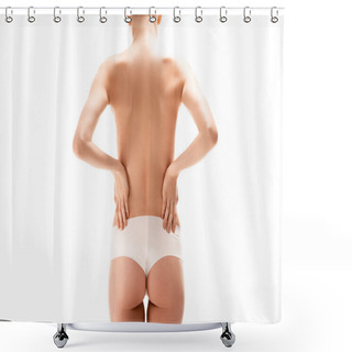 Personality  Partial View Of Young Woman In Panties Standing With Hands On Hips Isolated On White  Shower Curtains