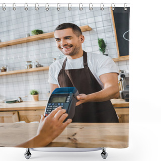 Personality  Handsome Cashier Standing Near Bar Counter And Holding Terminal Wile Woman Making Transaction In Coffee House Shower Curtains
