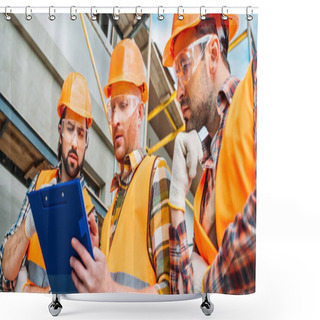 Personality  Wide Shot Of Group Of Builders In Hard Hats And Reflective Vests Looking At Clipboard Shower Curtains