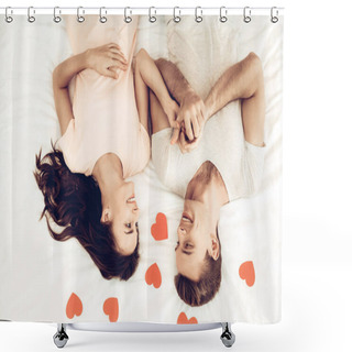 Personality  Happy Couple Are Lying In Bed At Valentine's Day. Love Each Other. Sweetheart's Holiday Concept. Origami Roses. Celebrating Date. Young And Handsome. Eyes Closed Couple. Happy Together. Shower Curtains