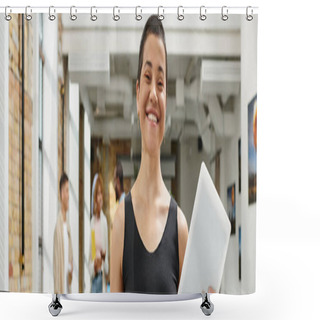 Personality  Cheerful And Tattooed Businesswoman Looking At Camera, Startup, Generation Z, Banner, Coworking Shower Curtains