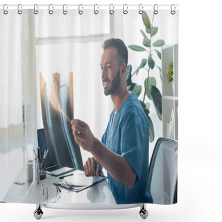 Personality  Happy Orthopedist Looking At X-ray In Clinic  Shower Curtains