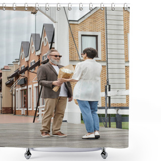 Personality  Happy Elderly Man With Beard And Sunglasses Giving Bouquet To Woman On Urban Street, Date, Romance Shower Curtains