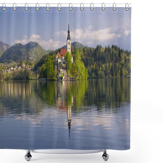 Personality  Bled Lake And Pilgrimage Church With Mountain Landscape Background Shower Curtains