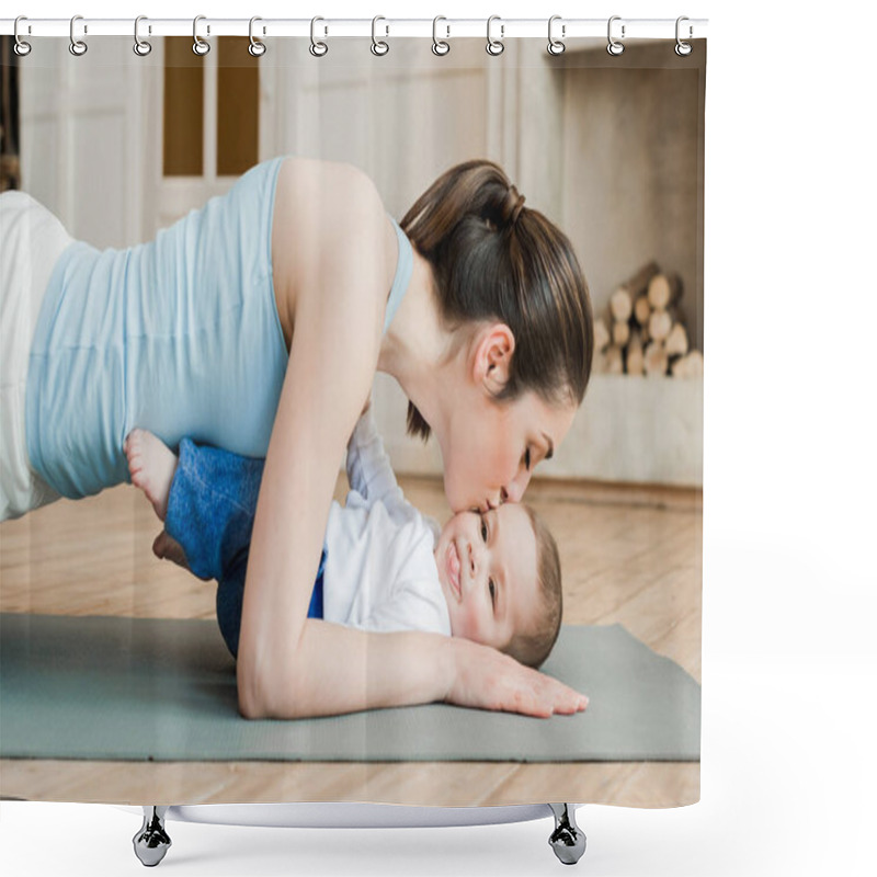 Personality  Woman With Her Son During Workout Shower Curtains