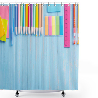 Personality  School Supplies On  Blue Wooden Background Shower Curtains