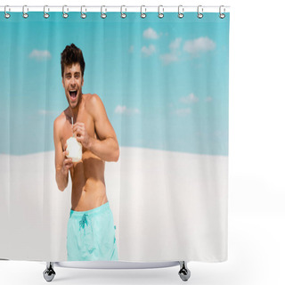 Personality  Happy Sexy Man With Muscular Torso In Swim Shorts With Coconut Drink On Sandy Beach Shower Curtains