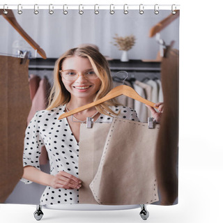 Personality  Happy Showroom Owner Holding Templates On Blurred Foreground Shower Curtains